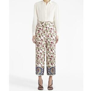 NWT Etro Silk Vanilla Multi Leaf Design Paisley Hem Wide Leg Crop Pants 48 / 14